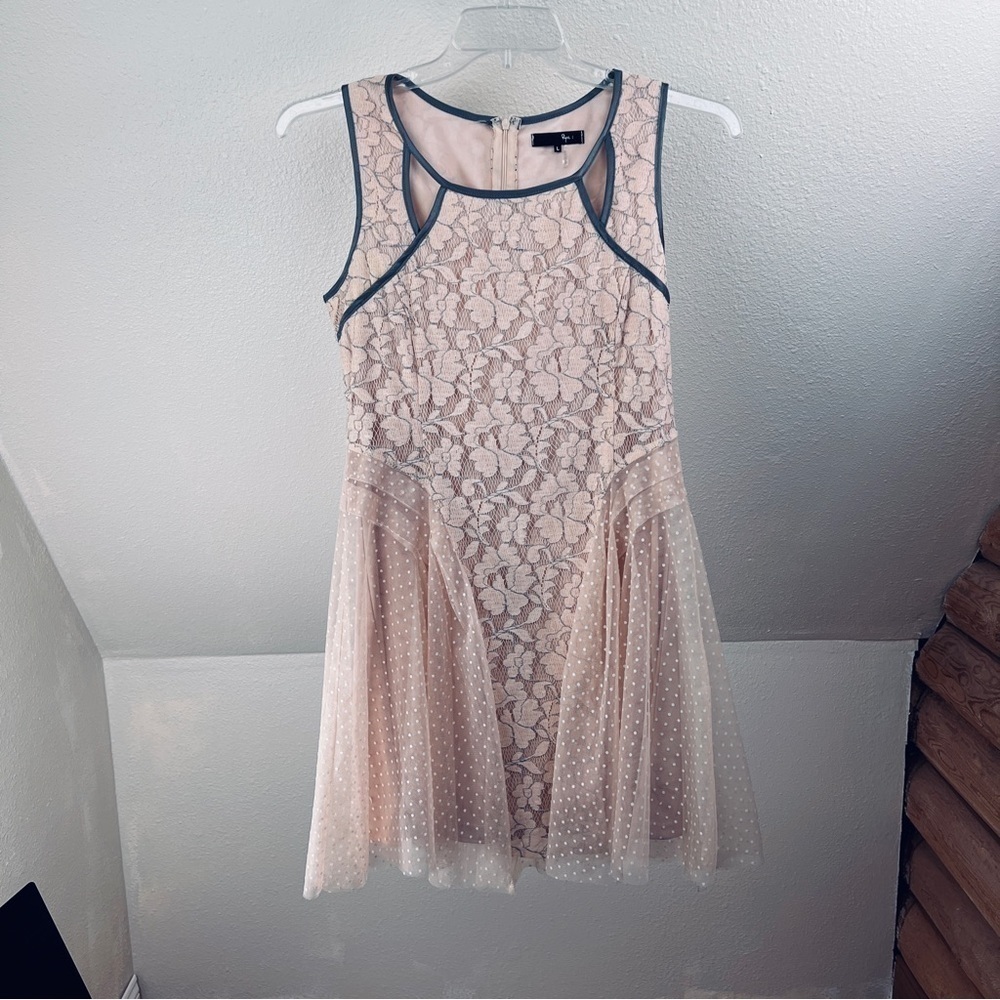 ANTROPOLOGIE RYU Pink Lace & Dotted Swiss Sleeveless Dress. Gray satin Detail